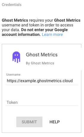 A screenshot of the Ghost Metrics Connector's request for credentials to your Ghost Metrics instance.