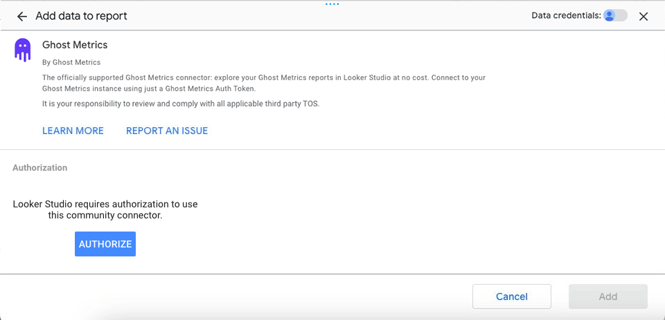 Ghost Metrics Analytics Authorisation Screen
