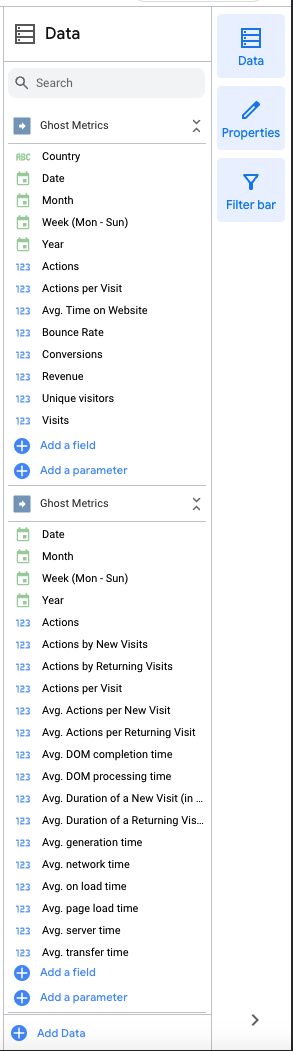 A screenshot of the data panel in Looker Studio with two data sources expanded.